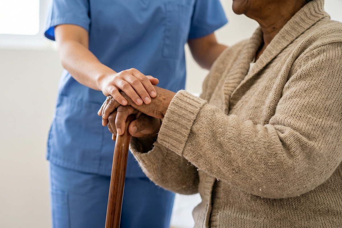 A caregiver resting a hand on a client's hand as they steady themselves on a walking cane