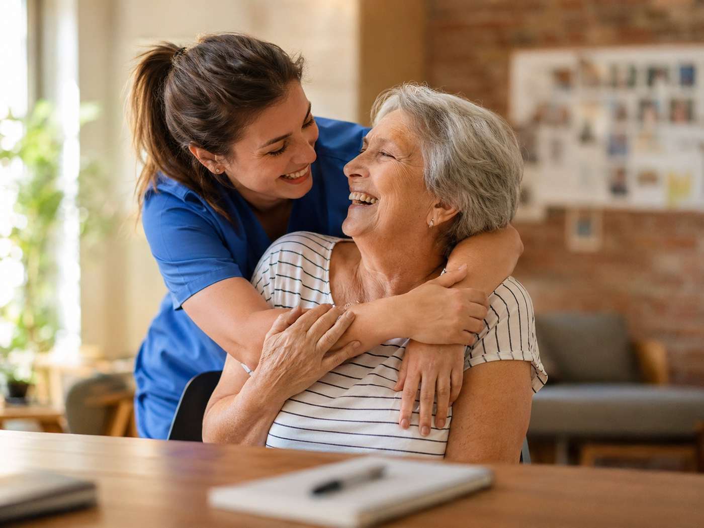 An AZA Services caregiver sharing a warm moment with a client in her own home